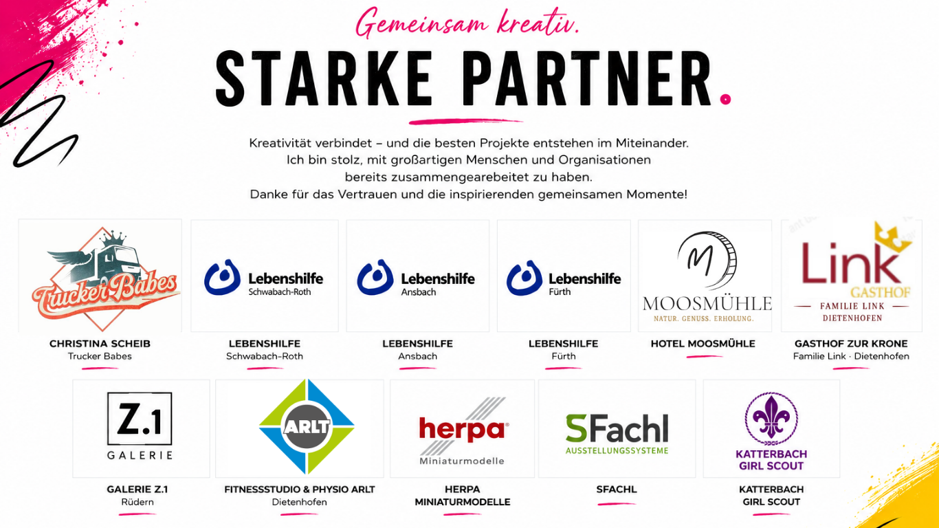 Werbebanner mit Text „STARKe PARTNER“, „Gemeinsam kreativ“ und Logos verschiedener Organisationen und Unternehmen.